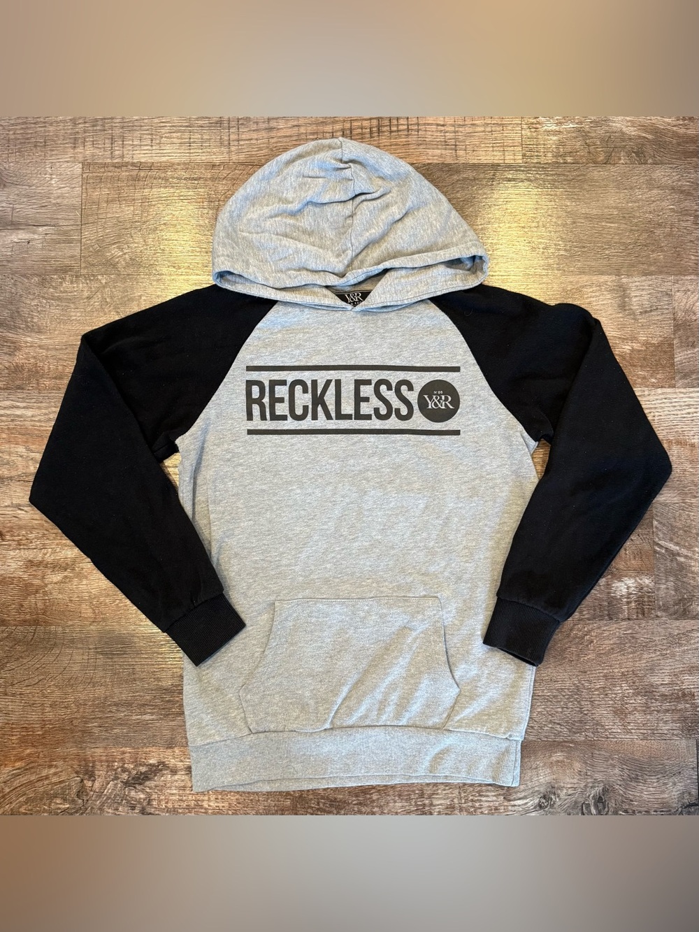 Young & Reckless Unisex Gray and Black Hooded Sweatshirt Small Color Block